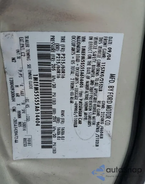 2005 Mercury Sable Ls Premium from USA, damaged, VIN 1MEFM55S55A614404